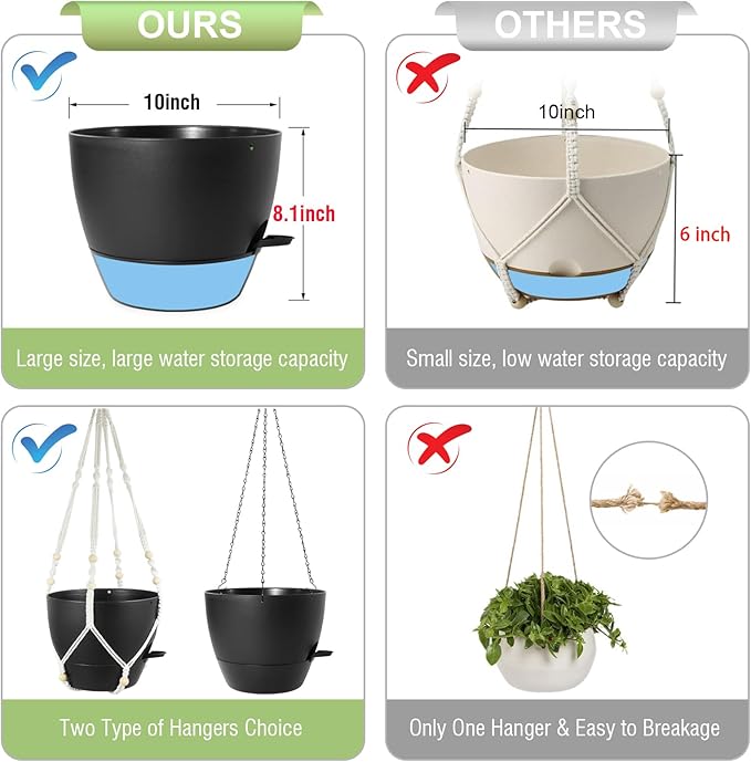 10 inch Self Watering Hanging Planters, 2 Pack Hanging Baskets for Indoor Outdoor Plants, Hanging Flower Pots with Drainage Holes & 2 Kinds of Plant Hangers for Garden Home Decor, Black-HomvellaHome
