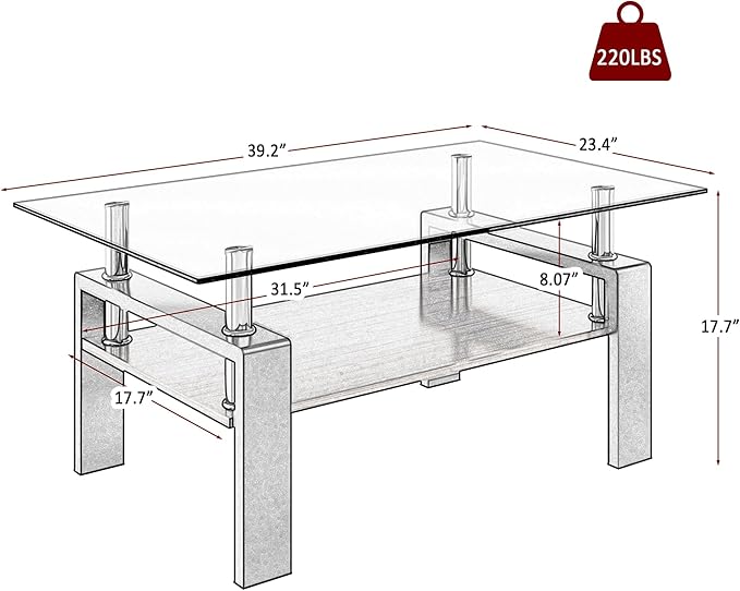 Glass Coffee Table Rectangle Living Room Center Table, with Gray Tempered Glass Tabletop and Brown MDF Layer,for Living Room and Office, Gray+Brown-HomvellaHome