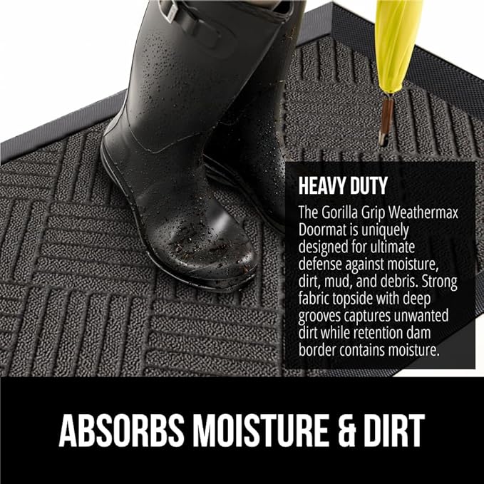GORILLA GRIP 100% Waterproof All-Season WeatherMax Doormat 35x23, US Designed Natural Rubber, Stain and Fade Resistant, Low Profile Indoor Outdoor Door Mats, Easy Clean Patio Mat, Gray Diamond-HomvellaHome