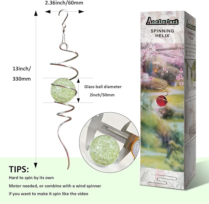 Glow in The Dark Wind Spinner Tail Gazing Ball Spiral Decorative Spiral Tail Wind Spinner Stabilizer Sun Catcher,Indoor Outdoor Hanging Art Garden Decoration Wind Sculpture Stabilizer-13in-HomvellaHome