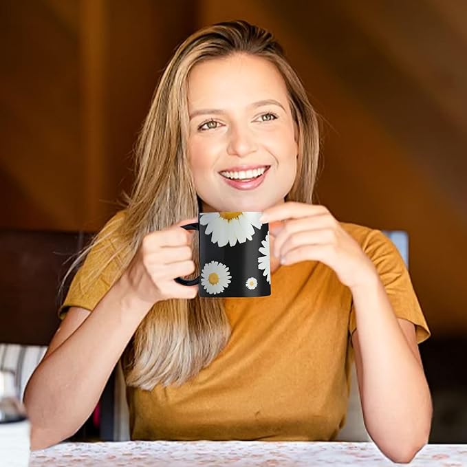 12Oz Daisy floral Black Ceramic Mug, Mug for Daily Coffee and Tea, Lead-free Microwave and Dishwasher Safe Coffee Mug, Perfect gifts for Women and men-HomvellaHome