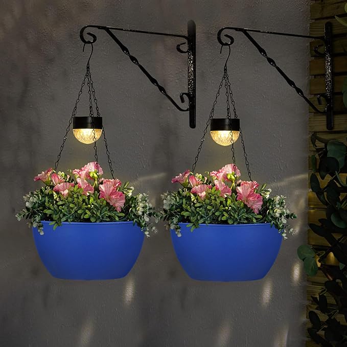 2 Packs Solar Hanging Basket Planters for Plants Outdoor, Self Watering Blue Flower Plants Pots with Solar Light Drainer for Balcony Patio Garden Outdoor Decoration-HomvellaHome