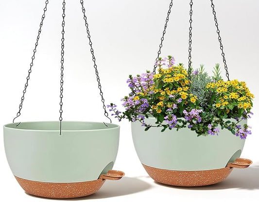 2 Pack 12 Inch Large Hanging Planters with Chains Self Watering Green Brown Plastic Hanging Pots for Indoor Outdoor Plants, Garden Porch Home Decor，Green Brown-HomvellaHome
