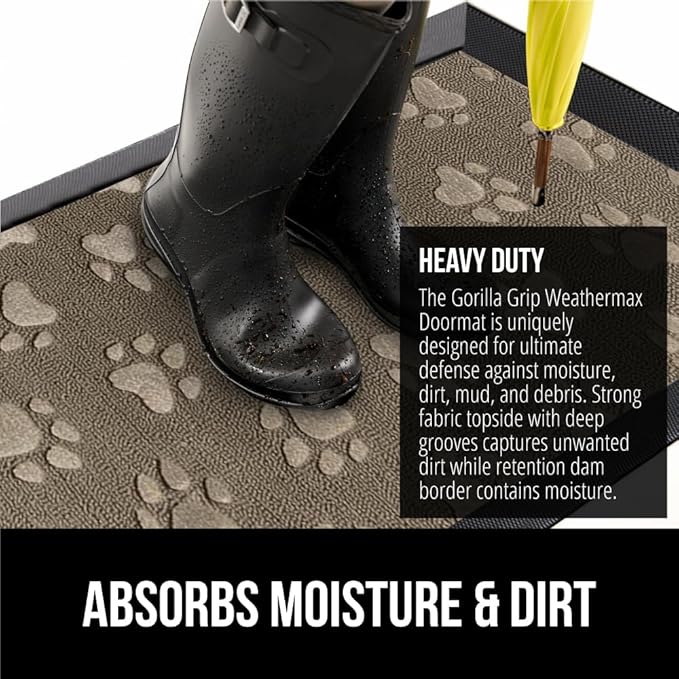 GORILLA GRIP 100% Waterproof All-Season WeatherMax Doormat, 47x35, US Designed Natural Rubber, Stain and Fade Resistant, Low Profile Indoor Outdoor Door Mats, Easy Clean Patio Mat, Tan Pawprints-HomvellaHome