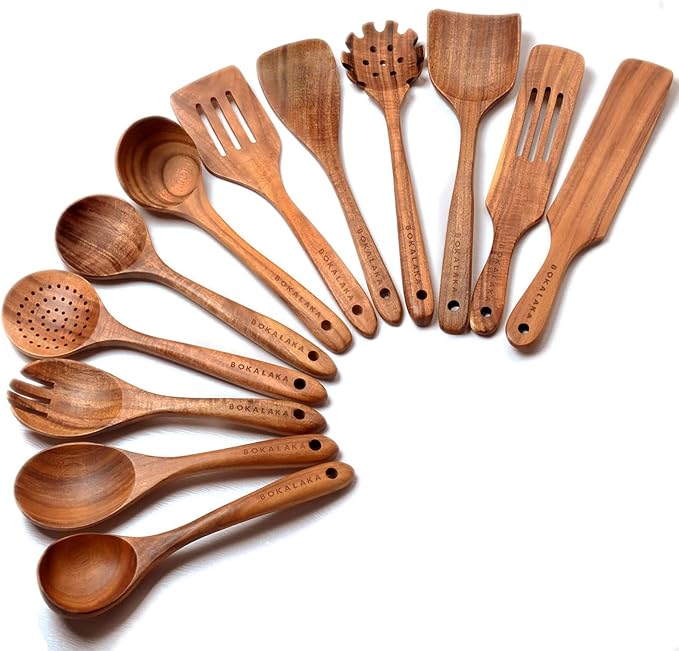 12 Pack Wooden Spoons for Cooking - Natural Teak Kitchen Utensils Set with Spatulas-HomvellaHome