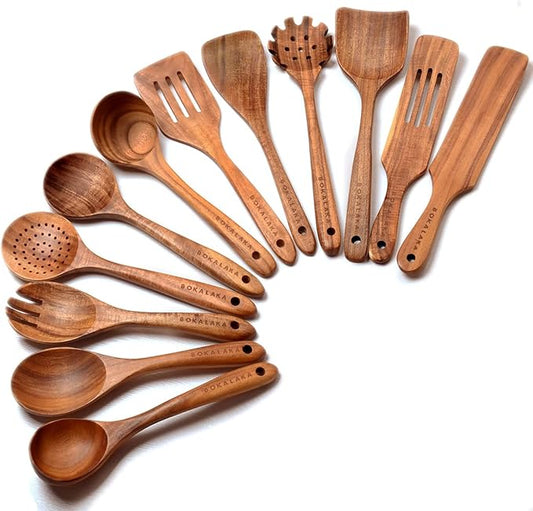 12 Pack Wooden Spoons for Cooking - Natural Teak Kitchen Utensils Set with Spatulas-HomvellaHome