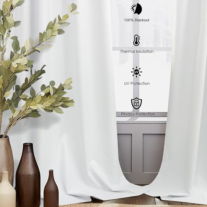 104 Inch Long Curtains White Linen Black Out Back Tab Pleated Blackout Curtain for Living Room Bedroom Teen Girls Thick Linen Lightweight Heat Draft Blocking Window Drapes Office Custom Length 2 Panel-HomvellaHome