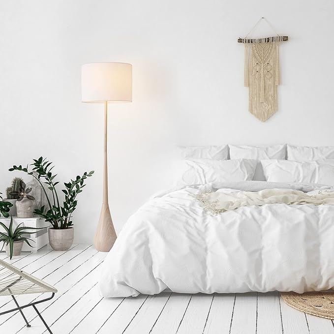 GLOBE Electric 52112 65" Floor Lamp, Faux Wood Finish, White Cotton Shade, Japandi Style, E26 Base, Modern Bedroom and Living Room Lighting-HomvellaHome