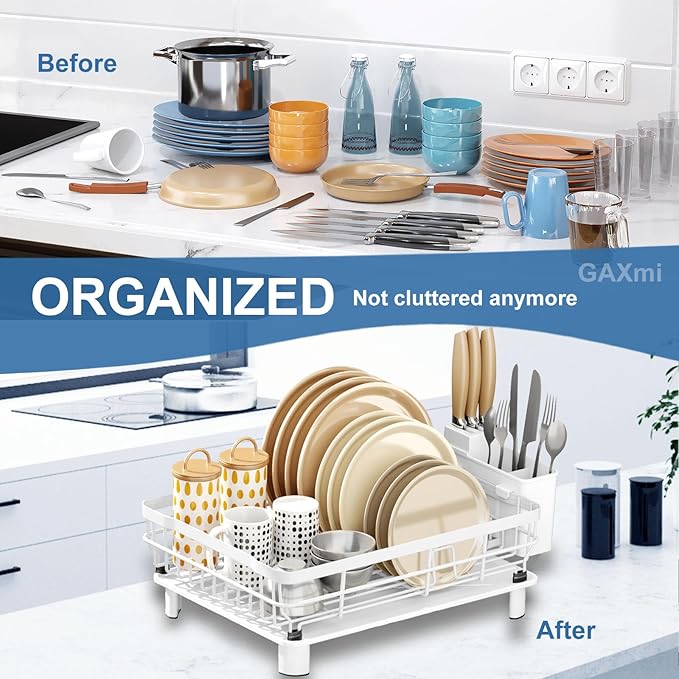 GAXmi Dish Drying Rack Over The Sink Dish Drainer with Drainboard Utensil Holder, 1-Tier White-HomvellaHome