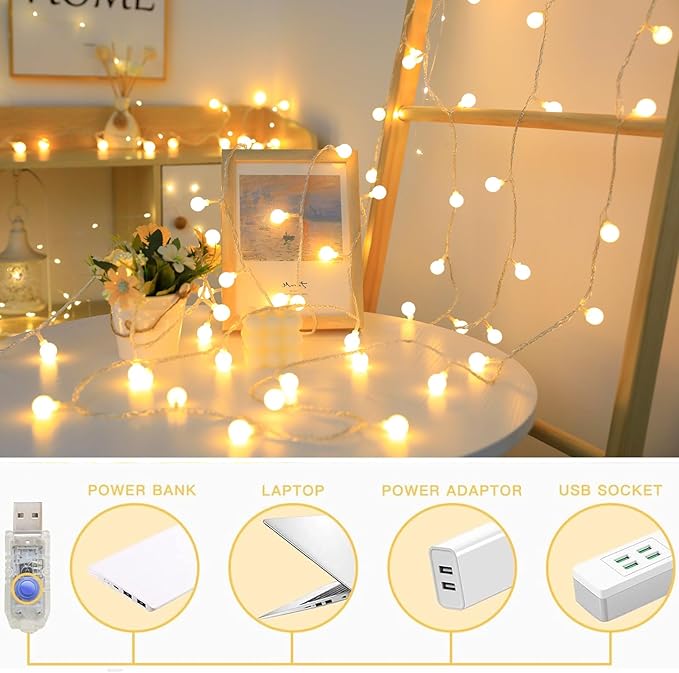 Globe String Lights 65.6 Ft. 120LEDs 8 Modes with Remote,USB Fairy Lights Plug in,Waterproof LED String Lights for Indoor Outdoor Bedroom Party Wedding Garden Christmas Tree Decor,Warm White-HomvellaHome