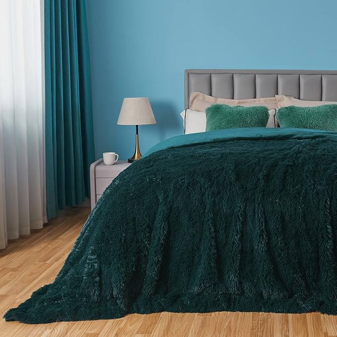 GONAAP Fuzzy Faux Fur Throw Blanket Queen Size Dark Teal Super Soft Cozy Plush Fuzzy Shaggy Blanket for Couch Sofa Bed (Dark Teal, Queen(90"x90"))-HomvellaHome