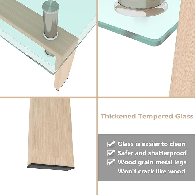 Glass Coffee Table Rectangle Living Room Center Table, 39inch Transparent Tempered Glass Tabletop and Beige Wood Grain Metal Legs, Beige + Clear Glass-HomvellaHome