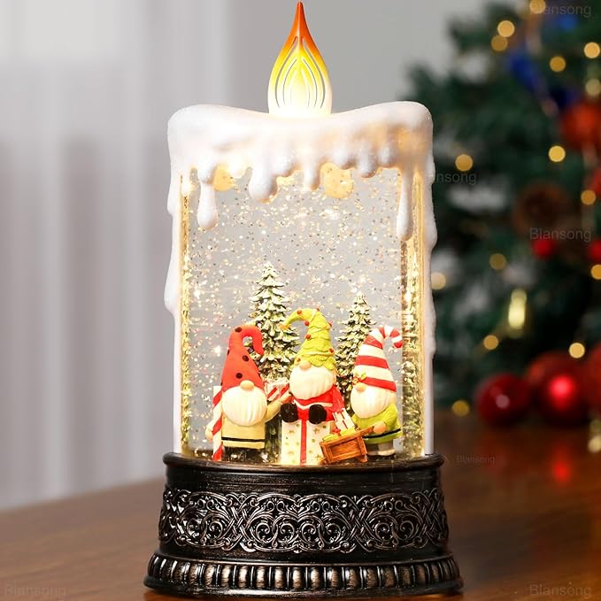 Gnome Snow Globe Candle Christmas Decorations Gifts Auto Snowfall Glitter Music Collection with 6H Timer USB/Battery Powered 9.7 inch-HomvellaHome