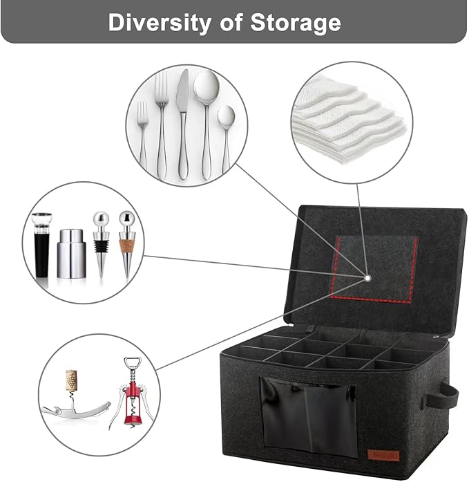 2 Pack Wine Glass Storage Box with Dividers, Stemware Storage Containers for Packing and Moving, China Storage Containers Box for 12 Crystal Glassware, Wine Glasses, Drinkware,Dark Gray-HomvellaHome