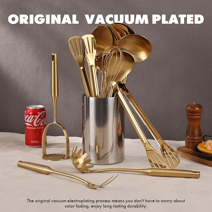 Gold Cooking Utensils Set - 18/10 Stainless Steel Large and Small Spoons Set, 16 PCS All Metal Kitchen Tools, Serving Utensils - Whisk, Masher, Fork, Tongs, Spatula, Ladle, Skimmer, Turner, Pasta-HomvellaHome