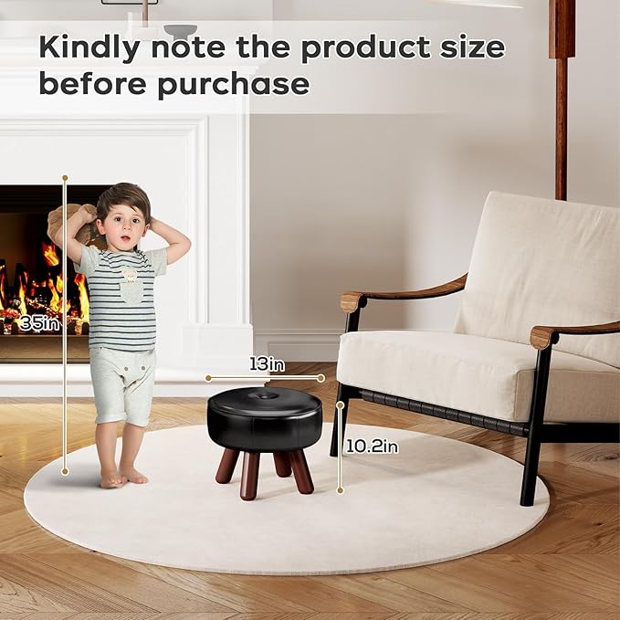 13in Small Foot Stool Ottoman, Round Faux Leather Foot Rest, Footstool Ottomans with Rubber Legs Under Desk, Footrest for Couch, Living Room, Bedroom, Office, 13''L x 13''W x 10.2''H, Black-HomvellaHome