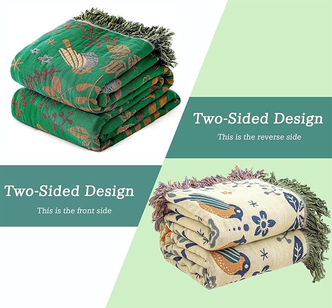 Green Summer Blanket 60''x 80'' Boho Throw Blankets for Couch Bed Chair,100% Cotton Quilts Christmas Warm Soft Blanket Muslin Bed Blankets Farmhouse Decoration-HomvellaHome