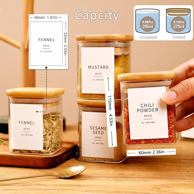 12 Pcs Square Glass Spice Jars with Natural Bamboo Lids - 9oz Airtight Herb Containers with 148 Waterproof Minimalist Spice Labels Preprinted - Empty Small Seasoning Jars for Kitchen Pantry-HomvellaHome