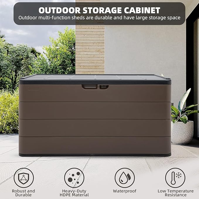 100 Gallon Plus Outdoor Storage Box Waterproof Lockable Resin Deck Box Large, Patio Storage Bin for Pool Accessories Cushion Furniture, Garden Tools, UV-Resistant Outside Delivery Brown-HomvellaHome