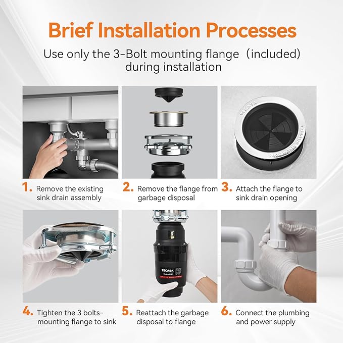 1/2 HP Garbage Disposal, TECASA Food Garbage Disposal with Power Cord, Stainless Steel Grinding System and 3-Bolt Mounting, Continuous Feed Compact Garbage Disposals, UL Certified, Taskmaid Series 50-HomvellaHome