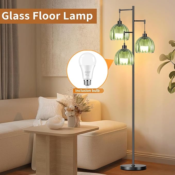 Glass Gold Floor Lamp for Living Room,Bedroom,Mid Century Modern Standing Lamp Brass Tree 3 Light Tall Floor Lamps Vintage Retro Floor Lights Green Flower Lamp Shade Farmhouse Boho Bohemian-HomvellaHome