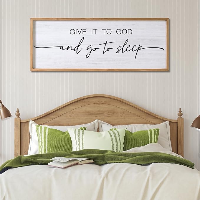 Give It to God and Go to Sleep Decorative Rustic Sign & Plaque Framed Wall Art for Couples, 40''×15'' Vintage Cottagecore Wooden Horizontal Wall Decor Above Bed, Farmhouse Wedding Gift for Bedroom-HomvellaHome