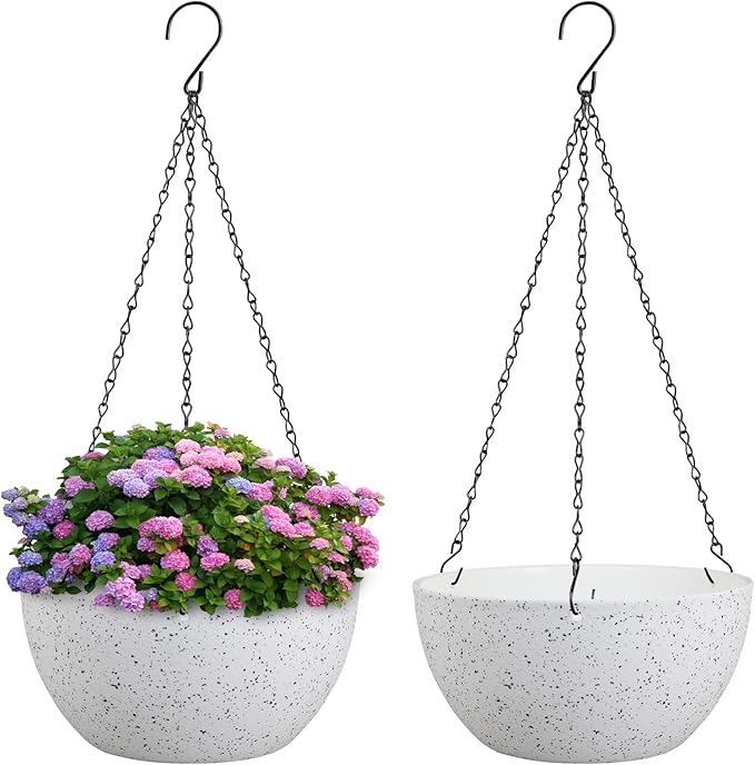 10 inch Hanging Planters for Indoor Outdoor Plants, 2 Pack Hanging Flower Pots with Drainage Holes and Chain for Garden Porch, Plastic Hanging Baskets for House Plants, Speckled White-HomvellaHome