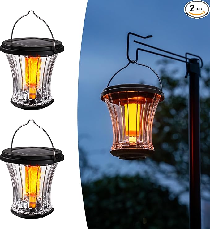 Glass Solar Lantern Outdoor Lights Waterproof, Flickering Flame Solar Lights with Modular Design, Auto On/Off Decorative Hanging Lanterns for Patio Garden Pathway Camping Deck Yard (2 Pack)-HomvellaHome