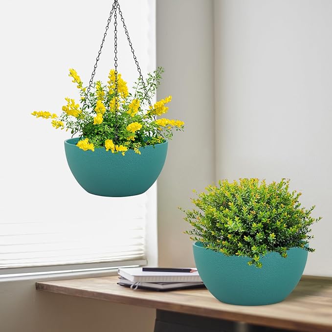 10 inch Hanging Planters for Indoor Outdoor Plants, 2 Pack Hanging Flower Pots with Drainage Holes and Chain for Garden Porch, Plastic Hanging Baskets for House Plants, Blue Green-HomvellaHome
