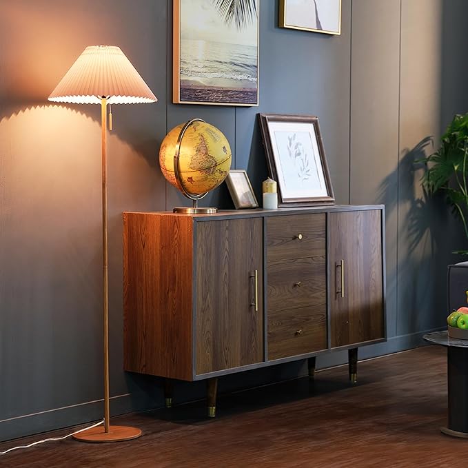 GLOBE Electric 61000053 62" Floor Lamp, Wood-Toned Finish, Pleated Fabric Shade, Pull Chain Switch, Reading Light, E26 Base, Modern Classic Lighting for Living Rooms and Bedrooms-HomvellaHome