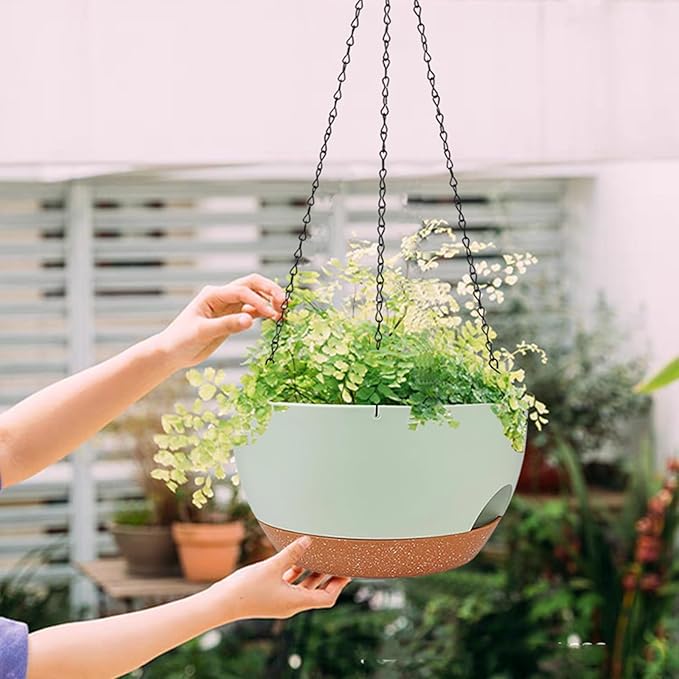 2 Pack Hanging Planters for Indoor Outdoor Plants, 12 Inch Self Watering Hanging Pot with Drainage Holes and Saucer, Plastic Plant Pots, Green Brown Flower Pots for Kitchen, Balcony, Garden-HomvellaHome