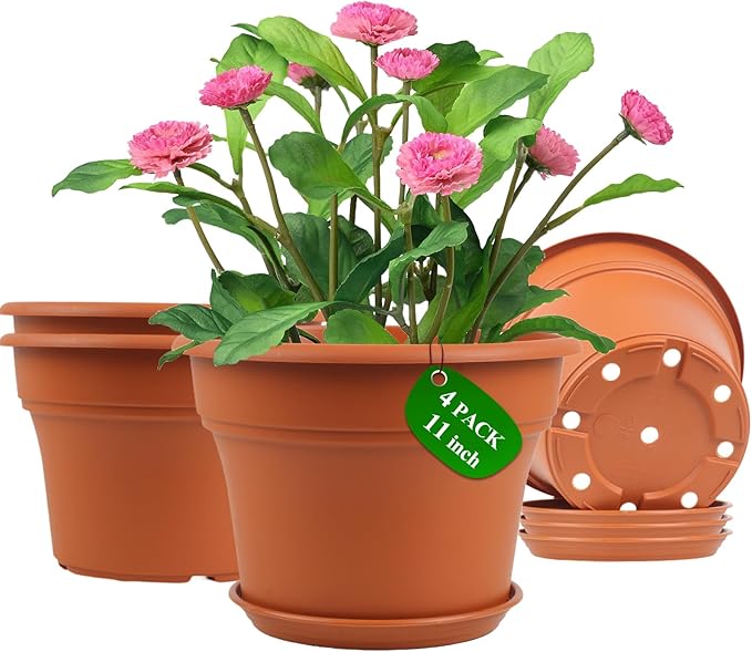 11 Inch Plastic-Flower-Pot-for-Indoor-Plants, 4 Pack Large Outdoor Planter Pot with Drainage Holes & Saucers, Resin Decorative Garden Pots Planters-HomvellaHome