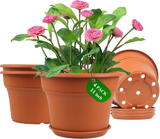 11 Inch Plastic-Flower-Pot-for-Indoor-Plants, 4 Pack Large Outdoor Planter Pot with Drainage Holes & Saucers, Resin Decorative Garden Pots Planters-HomvellaHome