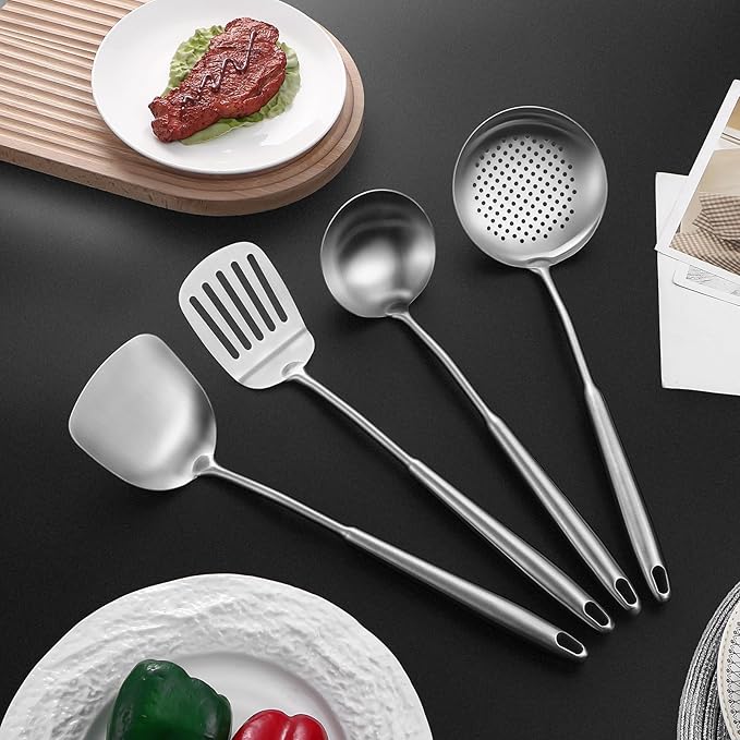15" Wok Spatula and Ladle,Skimmer Spoon, Slotted Turner Spatula,304 Stainlss Steel Matte Kitchen Utensils Set,4PCS Wok Accessories,Cooking Utensils Tools-HomvellaHome
