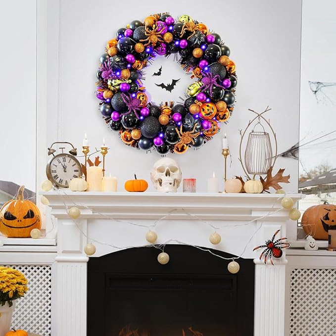 17 Inch Halloween Ball Wreath for Front Door with Lights, Lighted Cute Treat-or-Trick Door Wreath Ball Ornament for Halloween Indoor Decorations Centerpiece Party Holiday Wall Home Decor-HomvellaHome