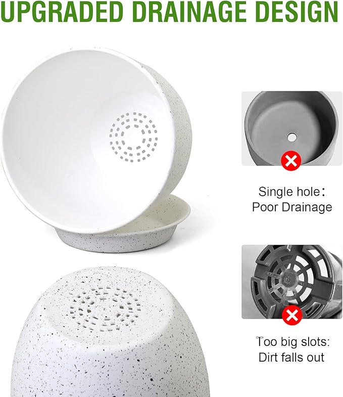 10/9/8 inch Medium Plant Pots, Set of 3 Modern Decorative Plastic Planters with Drainage Holes and Saucers for Garden House Plants, Flower Pots for Indoor Outdoor Plants, Speckled White-HomvellaHome