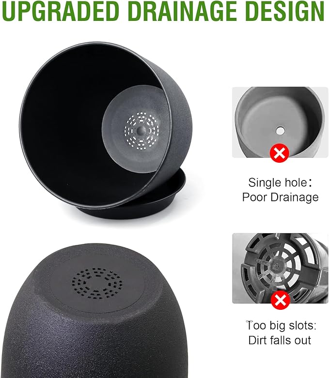 10/9/8 inch Medium Plant Pots, 3 Pack Modern Decorative Plastic Planters with Drainage Holes and Saucers, Flower Pots for Indoor Outdoor Plants, Black-HomvellaHome