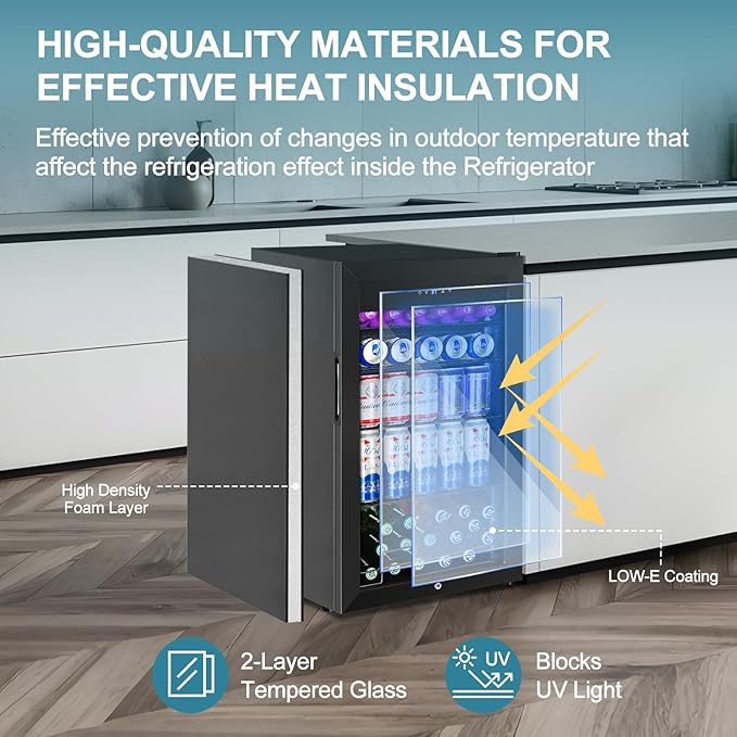 128 Cans Beverage Refrigerator Cooler, 3.2 Cu.Ft Mini Drink Fridge Glass Door for Drink Beer Soda Wine, Small Beer Fridge with 4 Removable Shelves for Kitchen Bedroom, Office Bar Gaming Room, Black-HomvellaHome