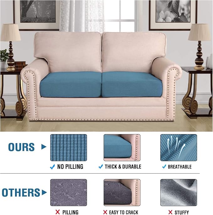 H.VERSAILTEX Super Stretch Individual Seat Cushion Covers Sofa Covers Couch Cushion Covers Slipcover Sets Thick Jacquard Textured Twill Fabric (2 Piece Medium Sofa Cushion Covers, Dusty Blue)-HomvellaHome