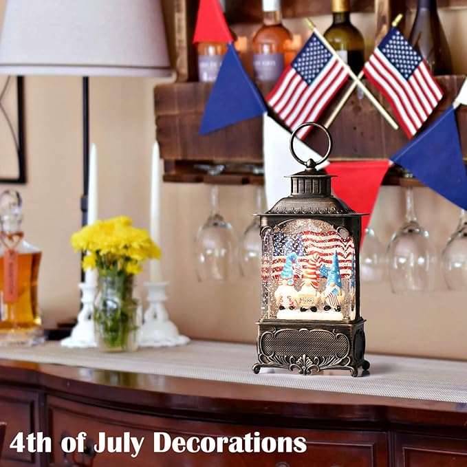 Gnome Snow Globe Lantern 4th of July Decorations with Timer, USB and Battery Powered 4th of July Shirts Patriotic Gnomes and American Flag Independence Day 10.2 inch-HomvellaHome