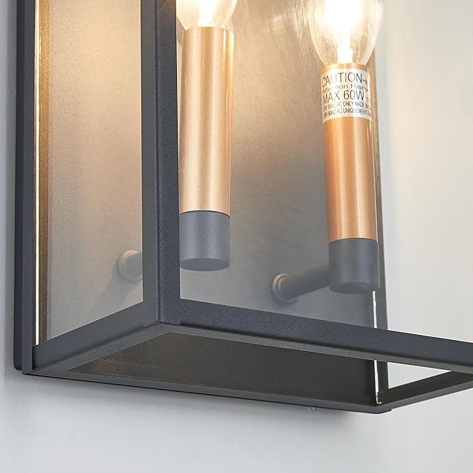 18 Inch Wall Light in Clear Glass and Textured Black and Golden Candle Cap Sleeve,Outdoor Lighting Wall Sconce,2-Light 120watts for House Doorway Garage,Bulb Not Included.-HomvellaHome