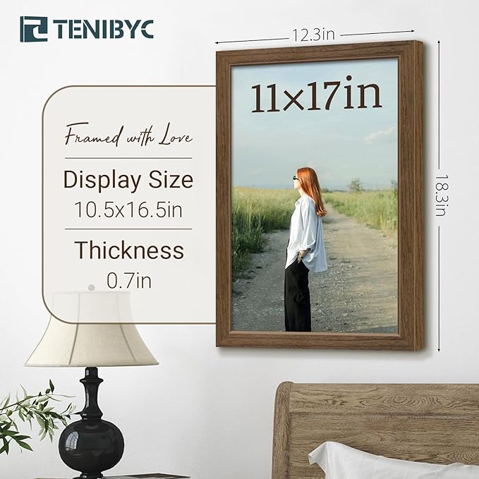 11x17 Picture Frame 3 Pack - Brown Woodgrain, Wood Photo Frame, HD Tempered Glass, Wall Gallery Poster Frame-HomvellaHome