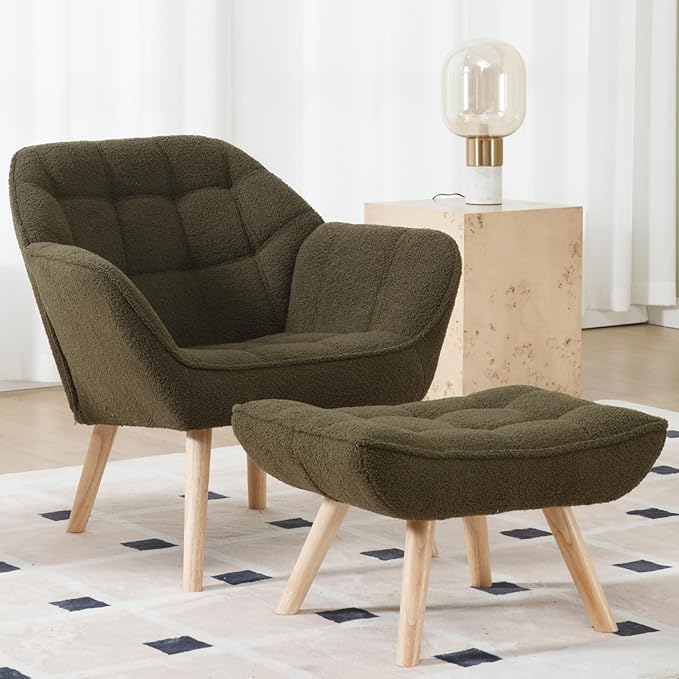 Green Sherpa Accent Chair with Ottoman ，Modern Reading Chair with Ottoman Set, Comfy Fuzzy Armchair Living Room Chair Lounge Chair with Wood Legs for Small Spaces Bedroom Apartment-HomvellaHome