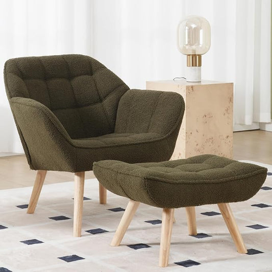 Green Sherpa Accent Chair with Ottoman ，Modern Reading Chair with Ottoman Set, Comfy Fuzzy Armchair Living Room Chair Lounge Chair with Wood Legs for Small Spaces Bedroom Apartment-HomvellaHome