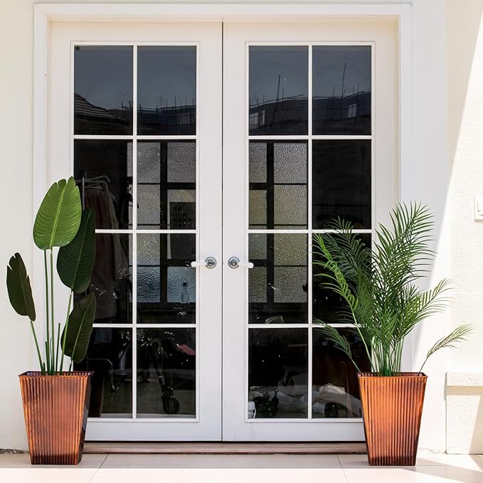 18in Vintage Handmade Metal Vertical Lines Copper Tapered Planters Set of 2, Galvanized Steel Planter Box with Drainage Hole for Indoor/Outdoor/Porch/Garden-HomvellaHome