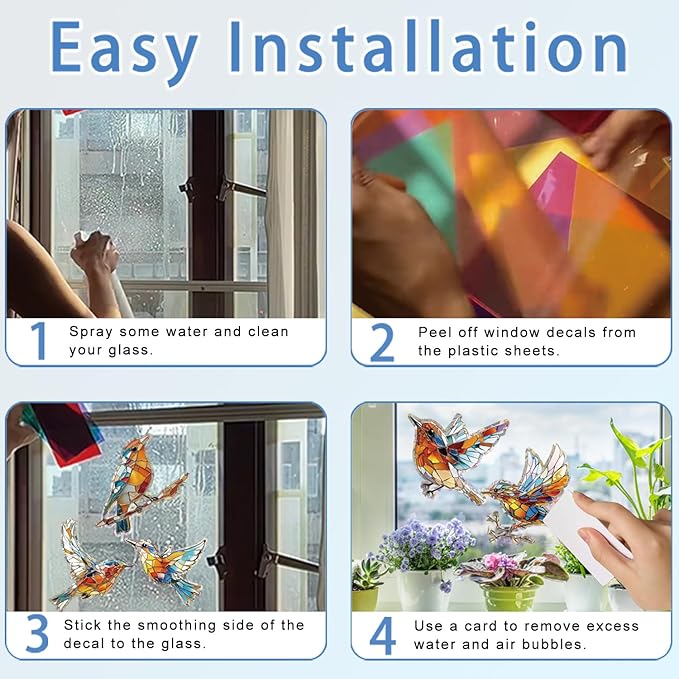 12pcs Window Decals for Bird Strikes, Anti Collision Window Clings, Rainbow Reflection Window Sticker, Hummingbird Style Sun Catcher Stickers for Glass Windows-HomvellaHome