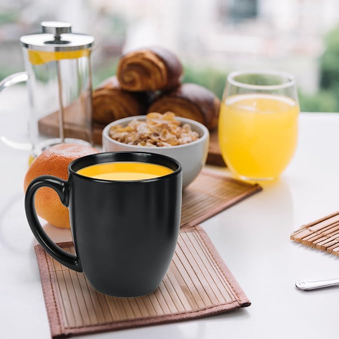 16 OZ Black Stoneware Mugs Set of 6, Large Ceramic Coffee Cups with Handle, Porcelain Mugs for Latte, Milk, Tea and Juice-HomvellaHome