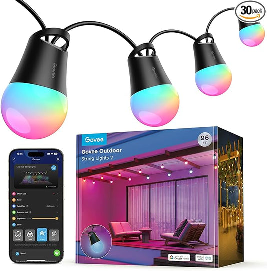 Govee Smart Outdoor String Lights 2, 96ft RGBIC Outdoor Lights with Dimmable Warm White LED Bulbs, 47 Scene Modes for Patio, Backyard, IP65 Waterproof, Works with Alexa, App Control-HomvellaHome