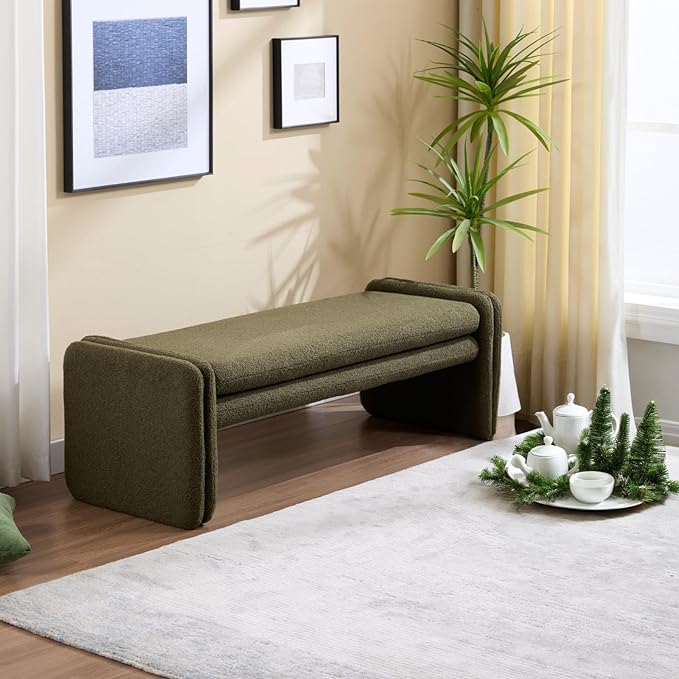 Green Boucle Bench 50" Sherpa End of Bed Bench Modern Upholstered Bench for Bedroom Entryway Living Room Vanity Makeup Room, Teddy Fabric Bench with Seating-HomvellaHome