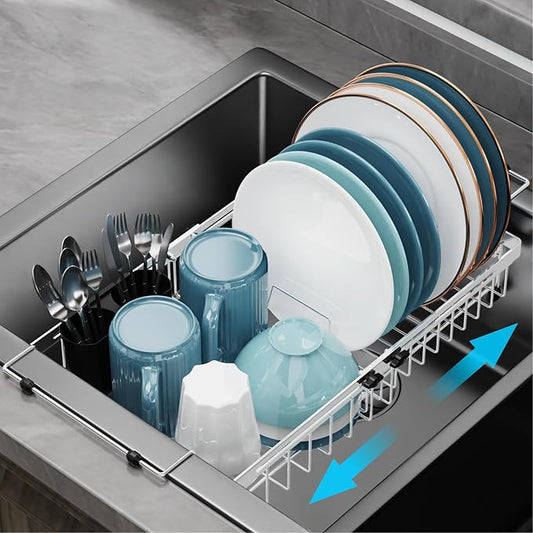 GSlife Expandable in Sink Dish Drying Rack - Stainless Steel Capacity Adjustable Over The Sink Dish Rack (13.4''-20.4''), Dish Drainer for Kitchen Sink Counter with Utensil Holder, Silver-HomvellaHome